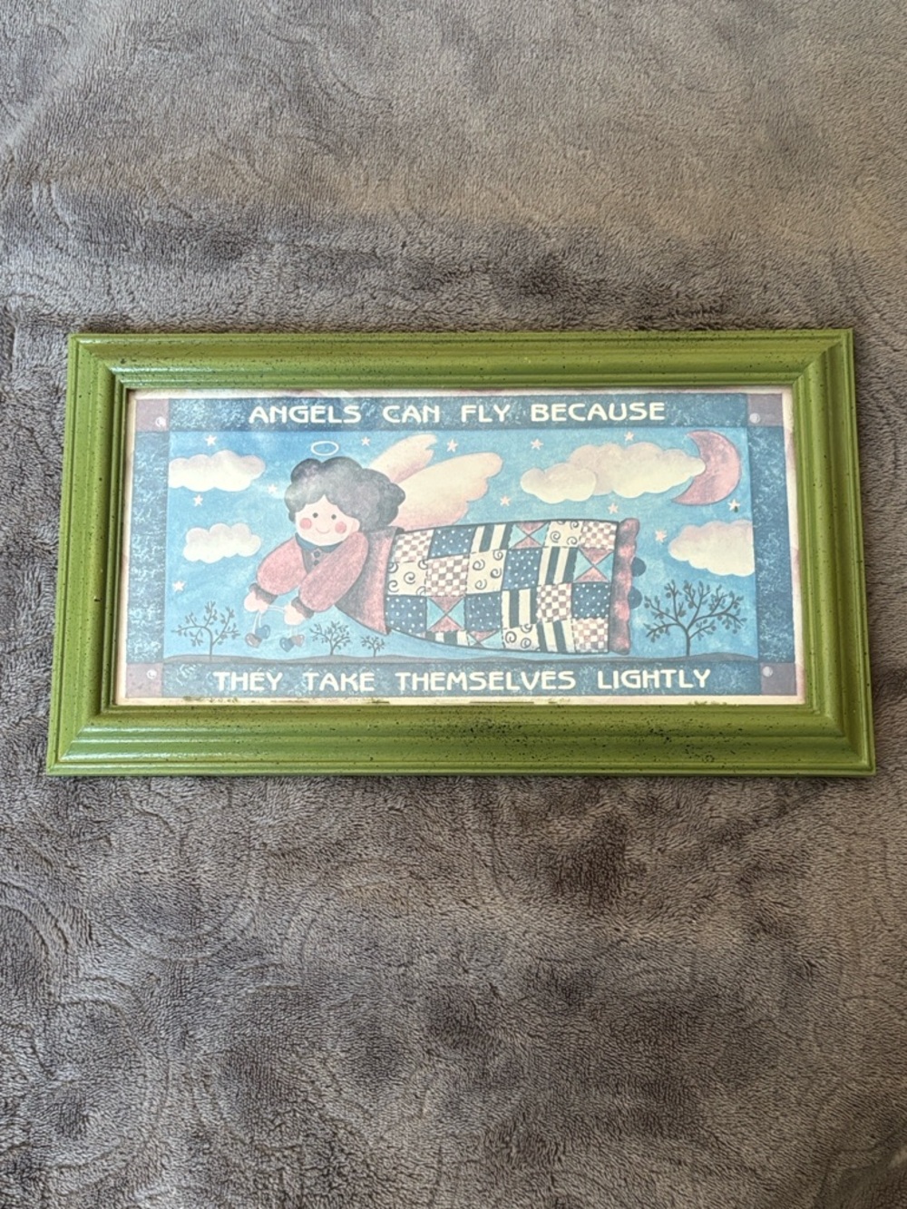 Angel Wall Art Green Frame 12x7 Folk Art Quilt Country